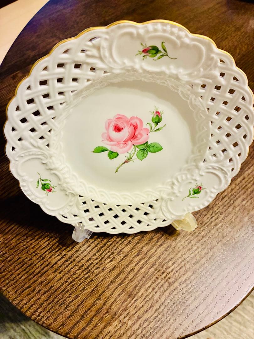 マイセン　ピンクローズ　21cm レースプレート 金彩エッジ