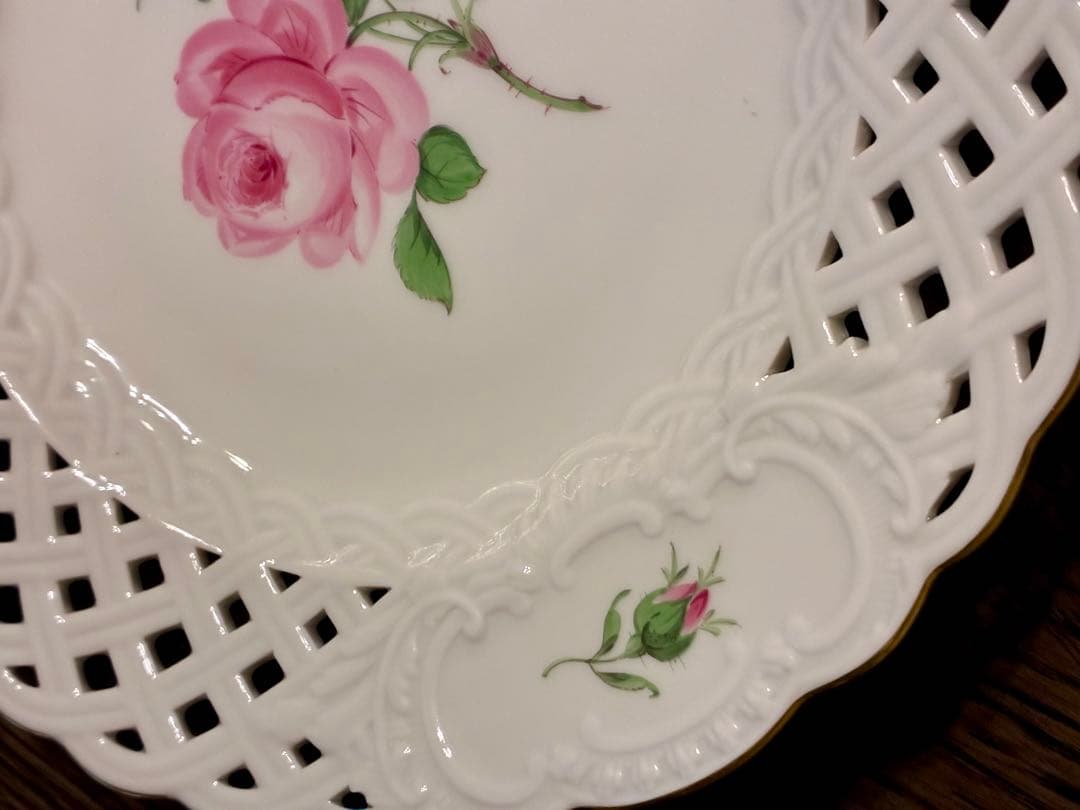 マイセン　ピンクローズ　21cm レースプレート 金彩エッジ