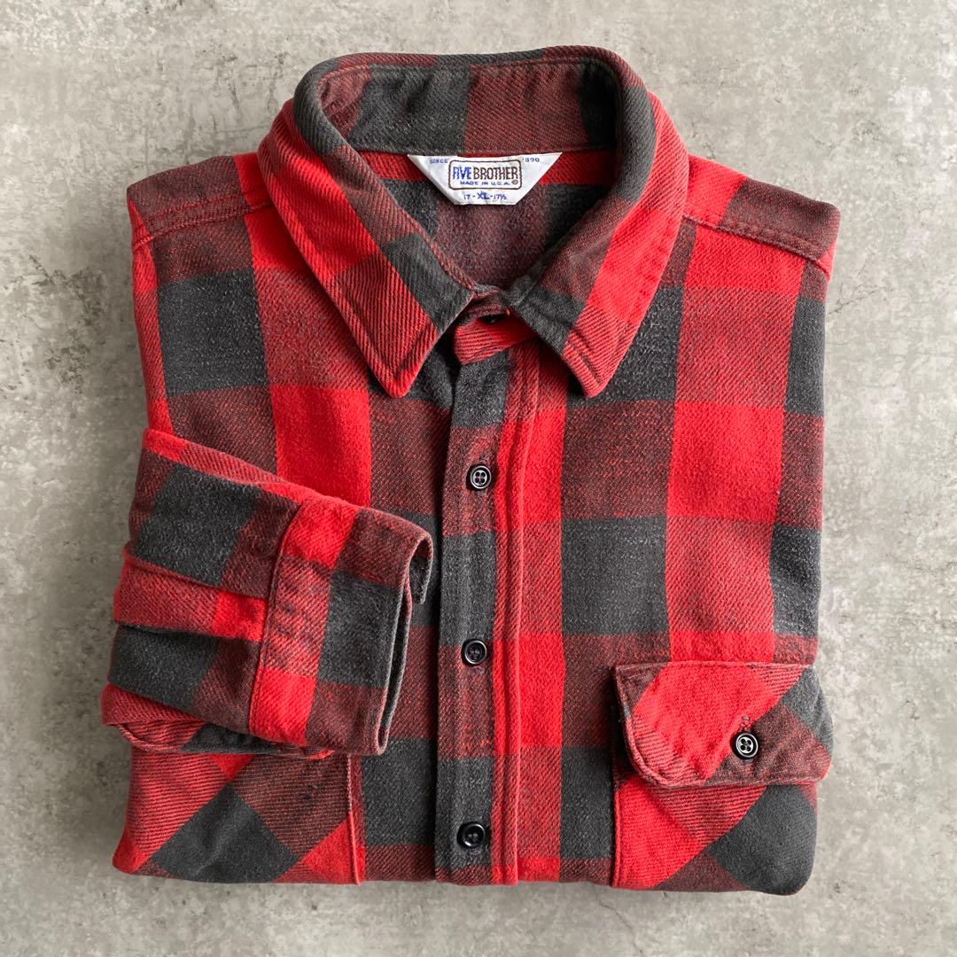 好配色70sファイブブラザーFIVE BROTHERネルシャツUSA製XL赤×黒