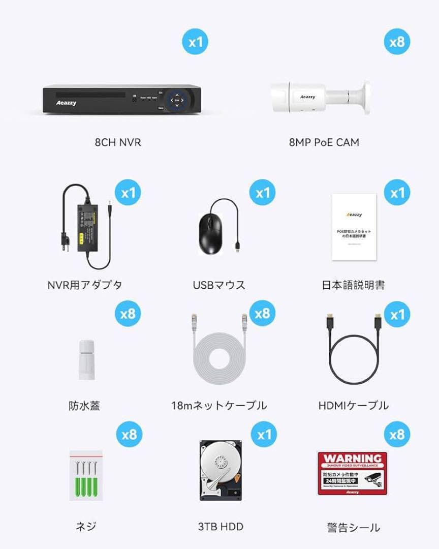 800万画素 防犯カメラ 8台セット 動体・顔検知 IP66防水・3TB HDD