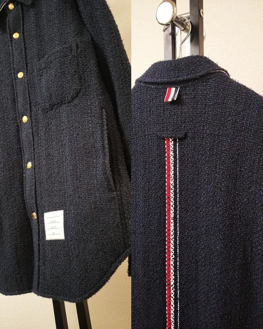 トムブラウン/ツイードシャツジャケット/金ボタン/トリコロールストライプ/肉厚