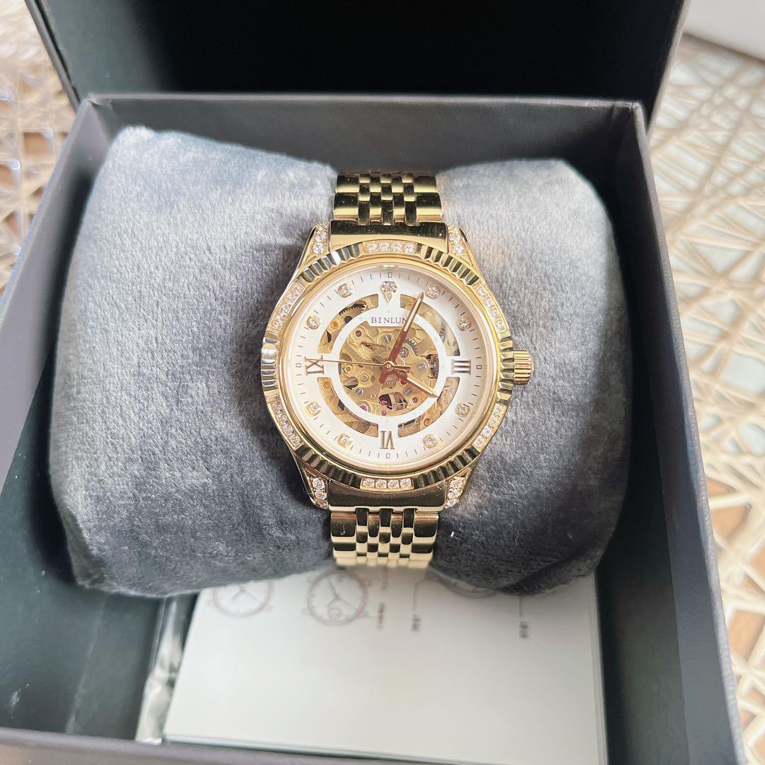 BINLUN 自動巻き時計 ゴールド レディースでもメンズでも 箱付き