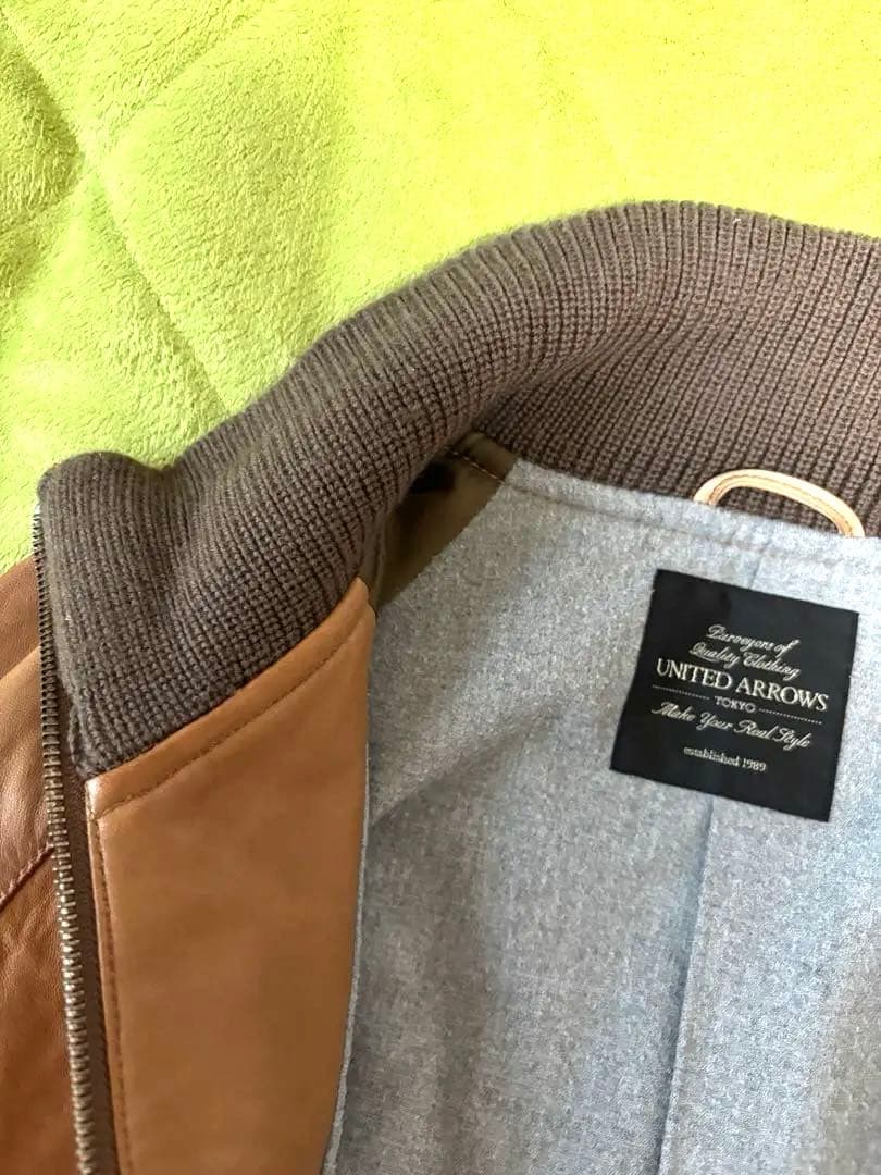 ユナイテッドアローズ・レザーライダース シングル襟もとニット・Ｌサイズ・ラム革