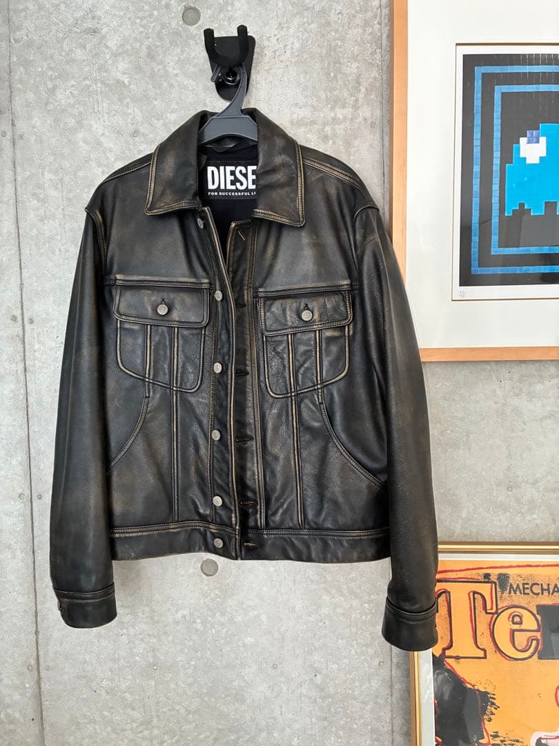 DIESEL ブラック ダメージ加工　レザージャケット