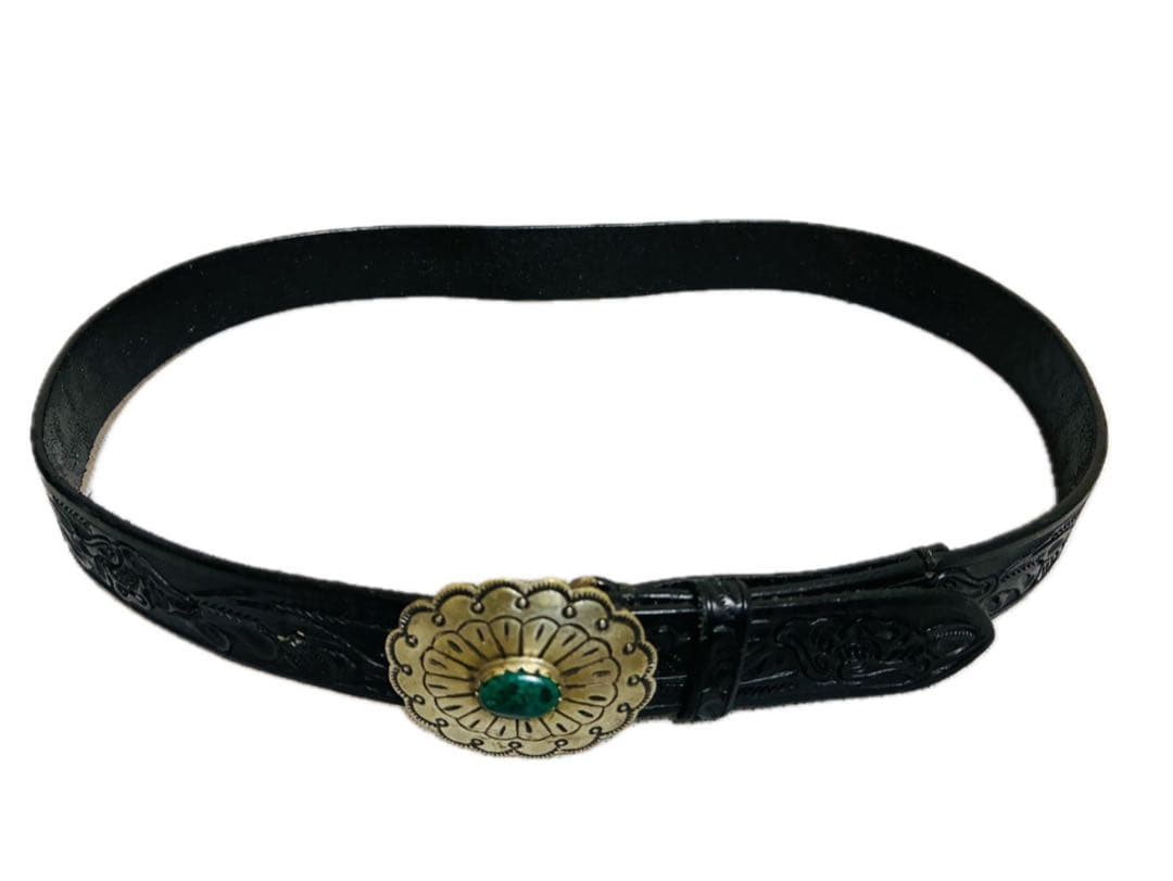 ラルフローレン　レザーベルト　コンチョバックル　カービングレザー　ブラック