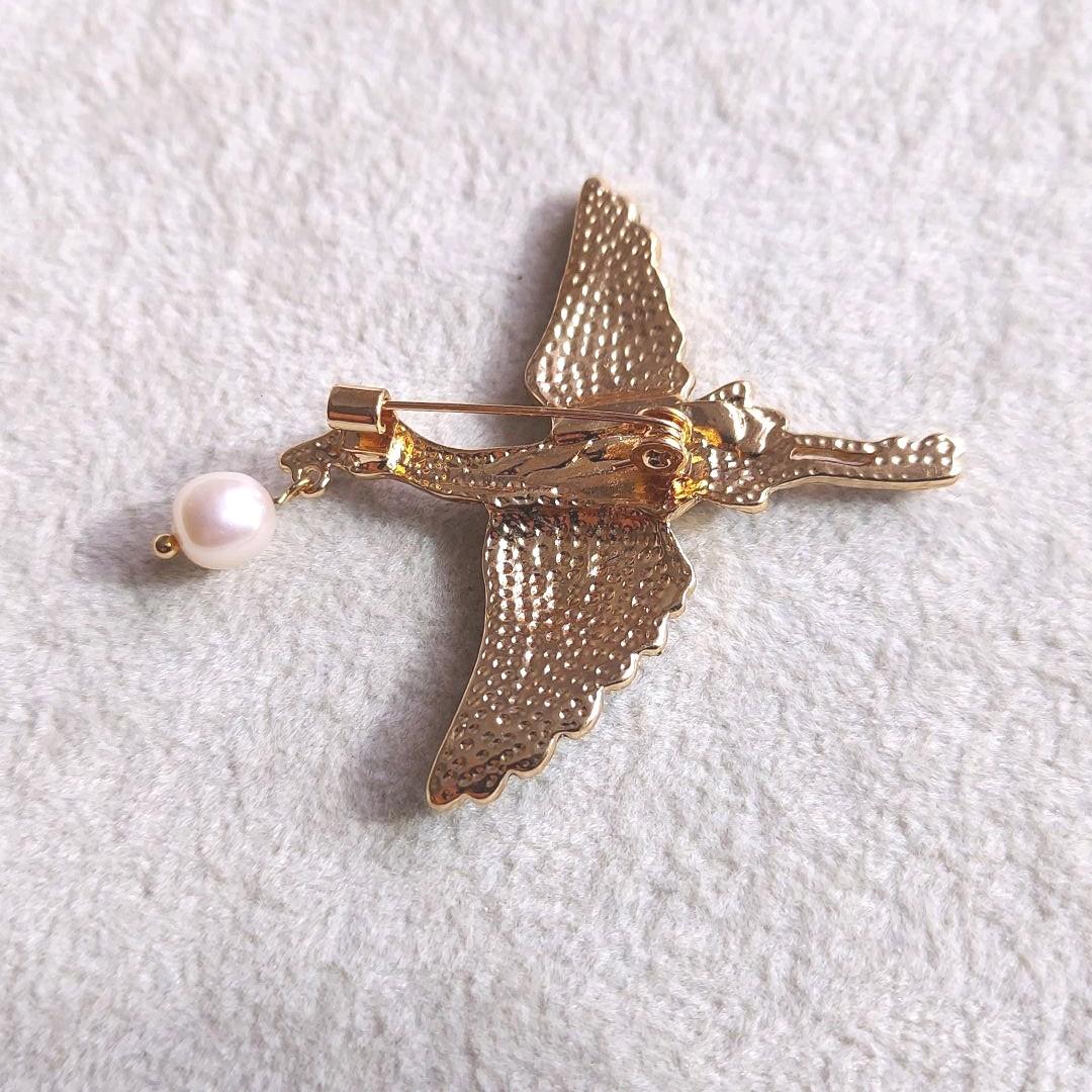 本真珠　シェル　鶴　ブローチ
