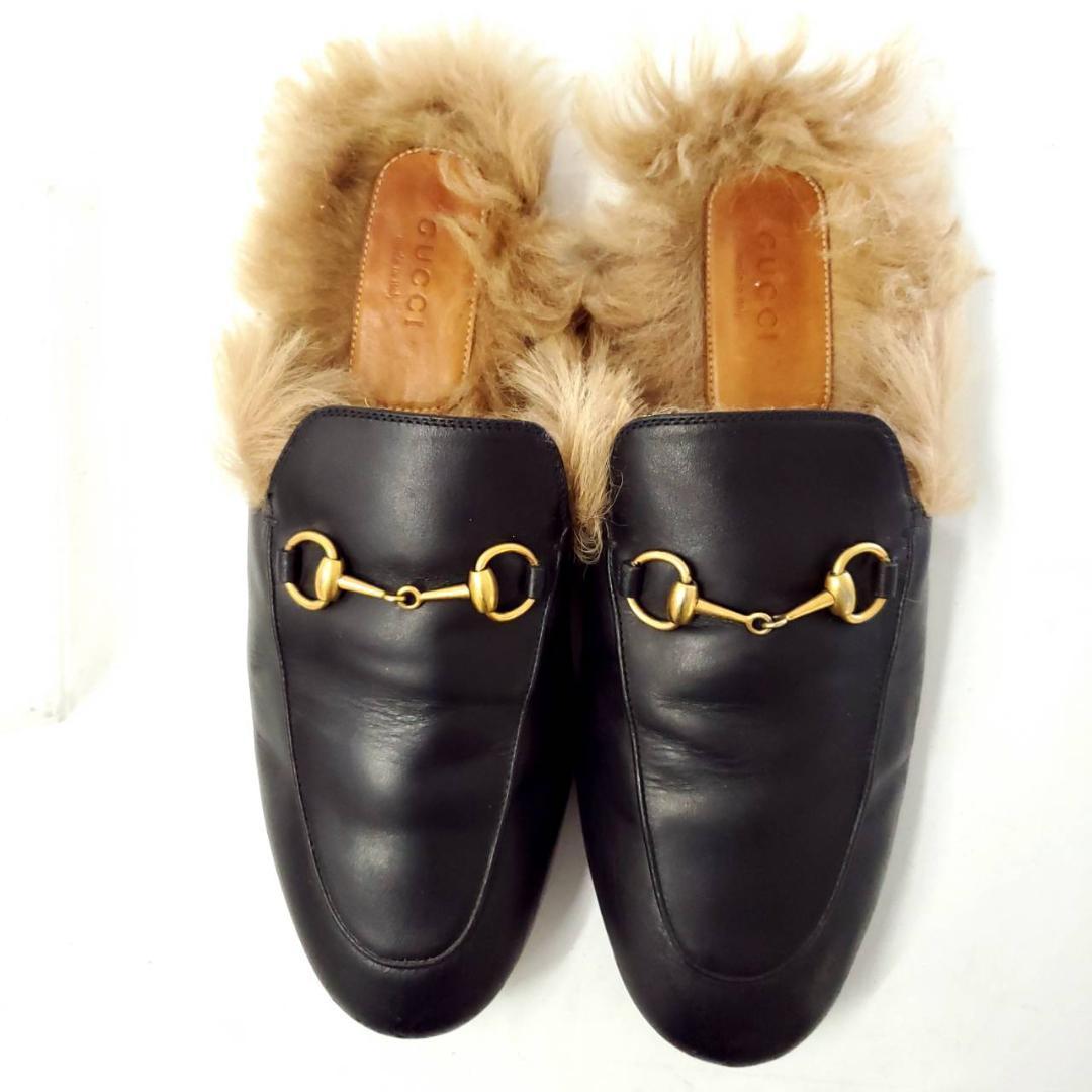 グッチ　ホースビット　ミュール　フラット　サンダル　ファー　本革　ブラック　23