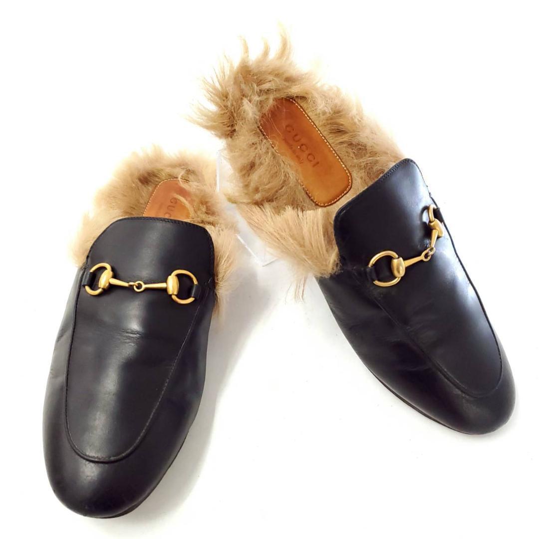 グッチ　ホースビット　ミュール　フラット　サンダル　ファー　本革　ブラック　23