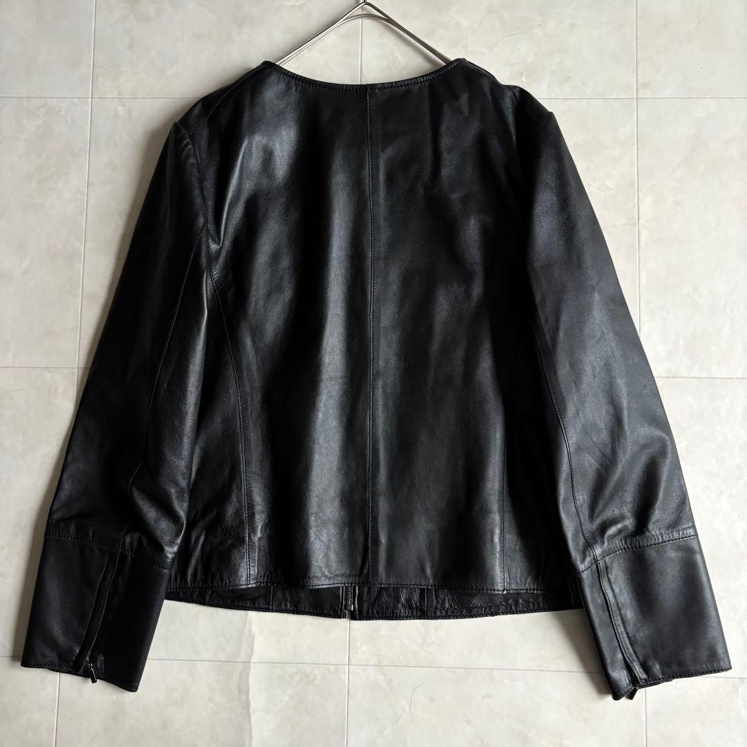 美品・特大✨23区 ノーカラーラムレザージャケット 黒 48 ゆったり