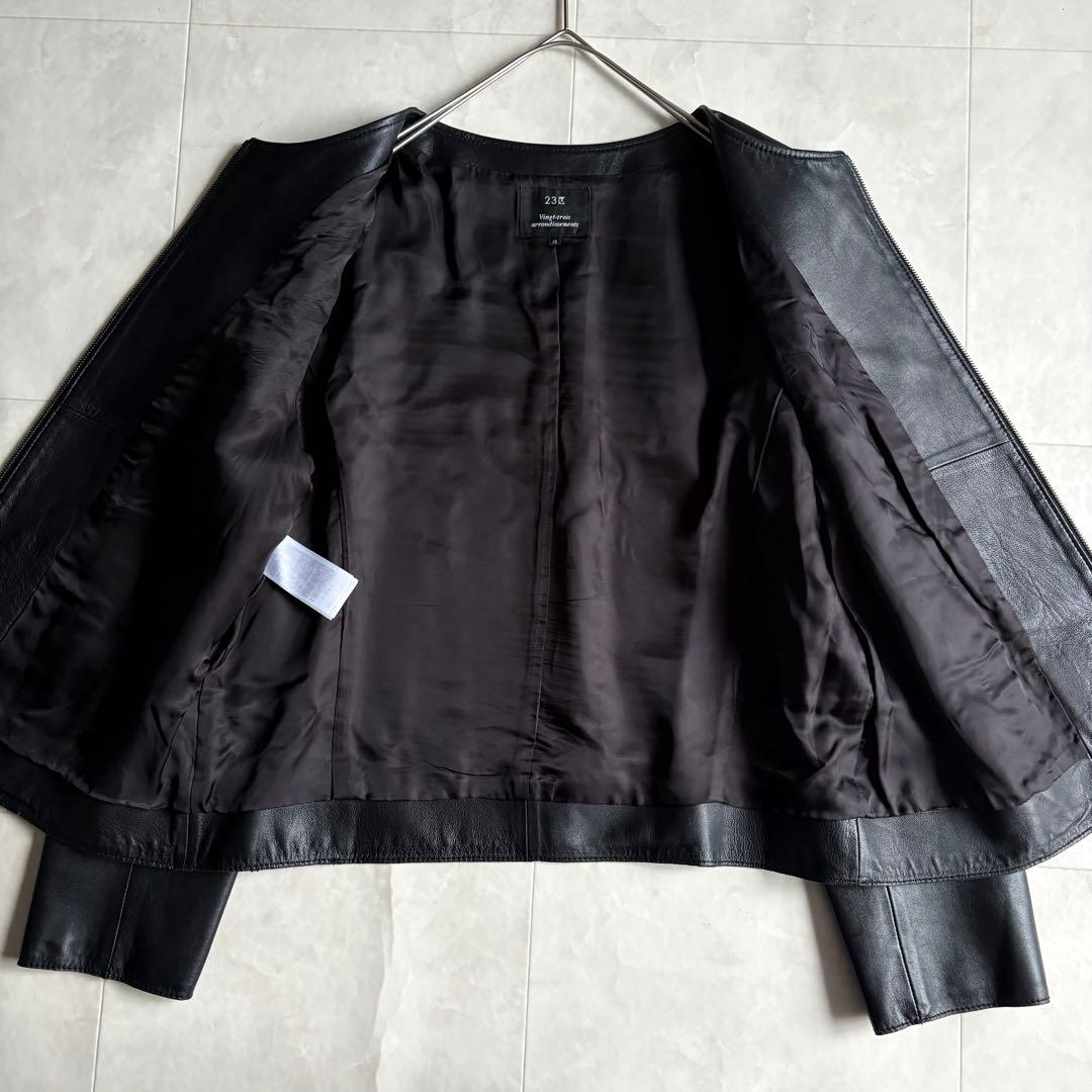 美品・特大✨23区 ノーカラーラムレザージャケット 黒 48 ゆったり