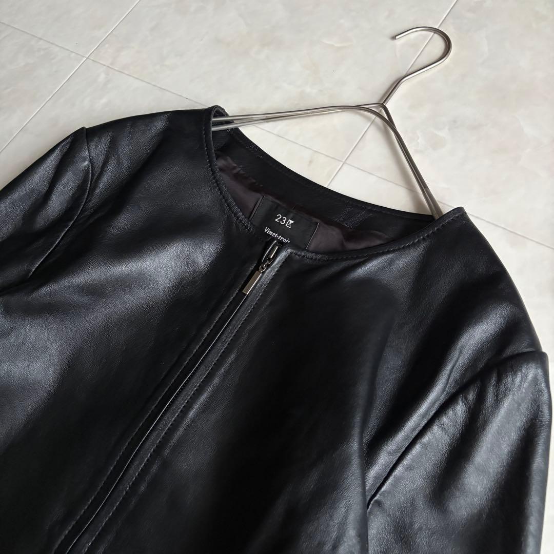 美品・特大✨23区 ノーカラーラムレザージャケット 黒 48 ゆったり