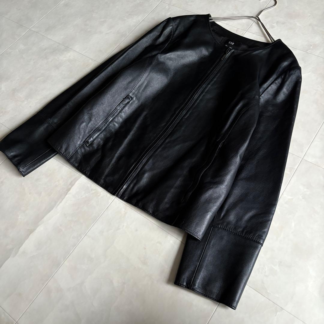 美品・特大✨23区 ノーカラーラムレザージャケット 黒 48 ゆったり