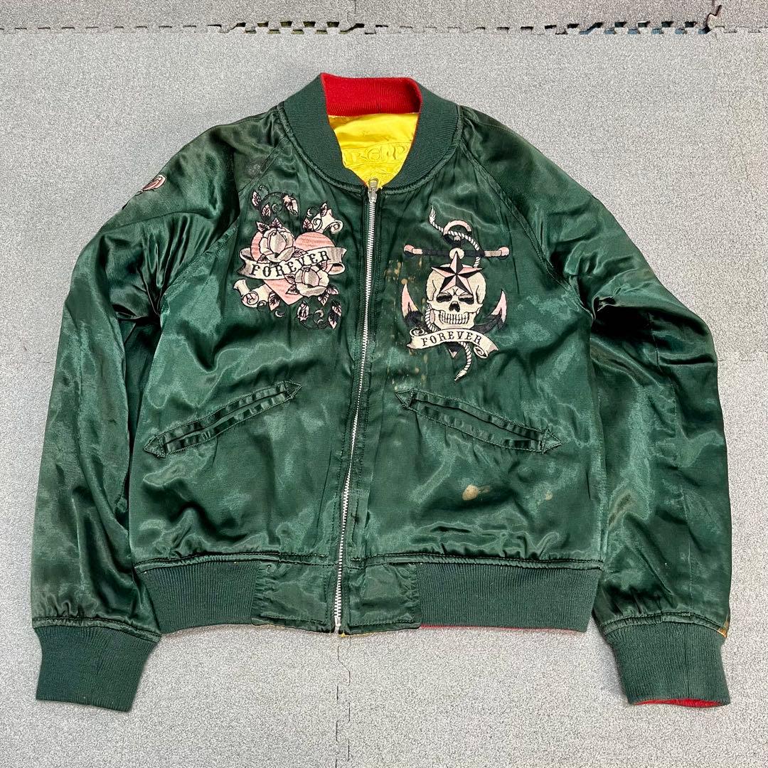 448 HOUSTONスカジャン リバーシブル仕様 蛇×ドクロ×観音 緑×黄