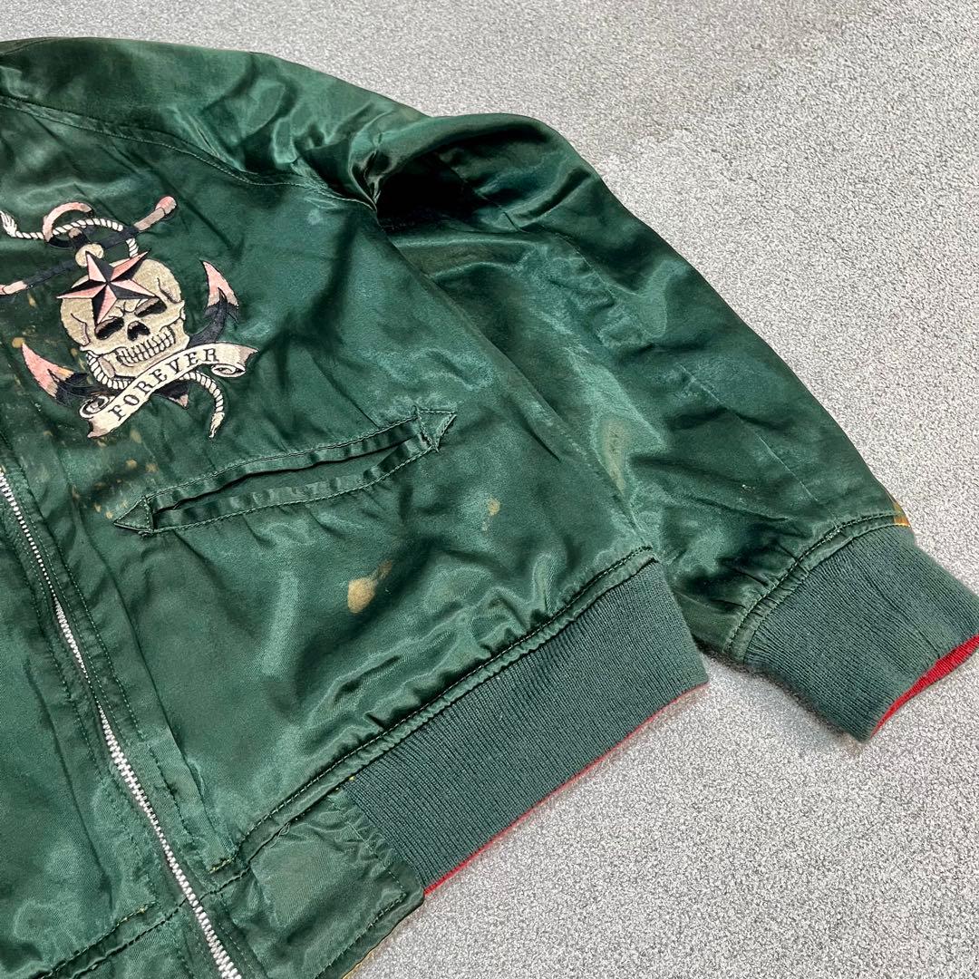 448 HOUSTONスカジャン リバーシブル仕様 蛇×ドクロ×観音 緑×黄