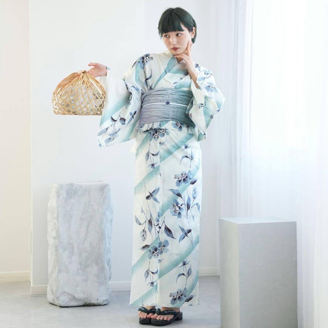 utatane 高級変わり織 浴衣3点セット 淡いミントの霧ぼかし花