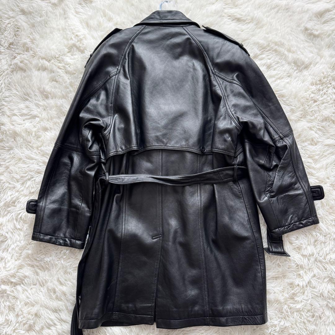 【vintage】羊革 本革 ラムレザー トレンチコート ロング丈 ブラック L