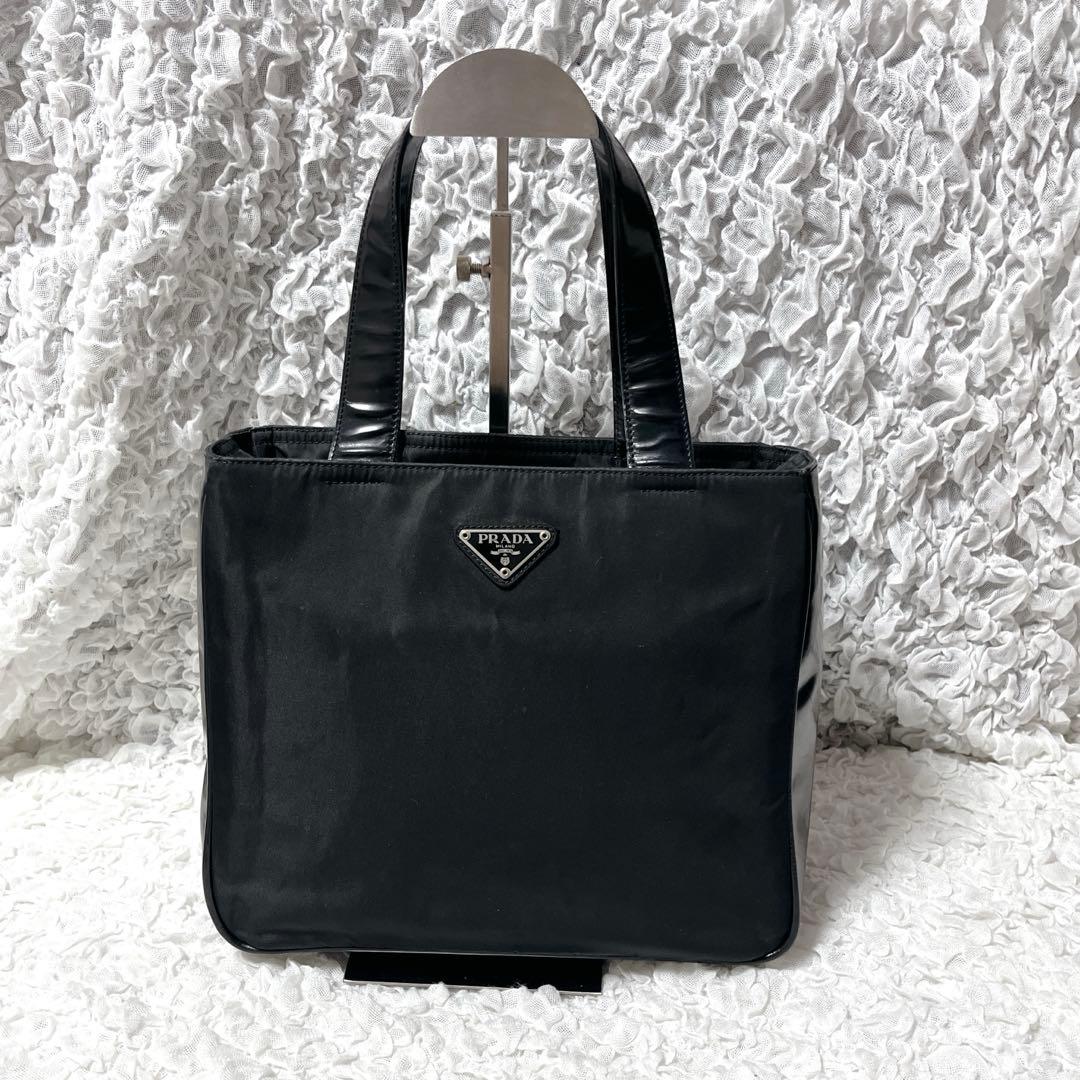 PRADA ブラック トートバッグ　ナイロン　レザー　三角　ハンドバッグ