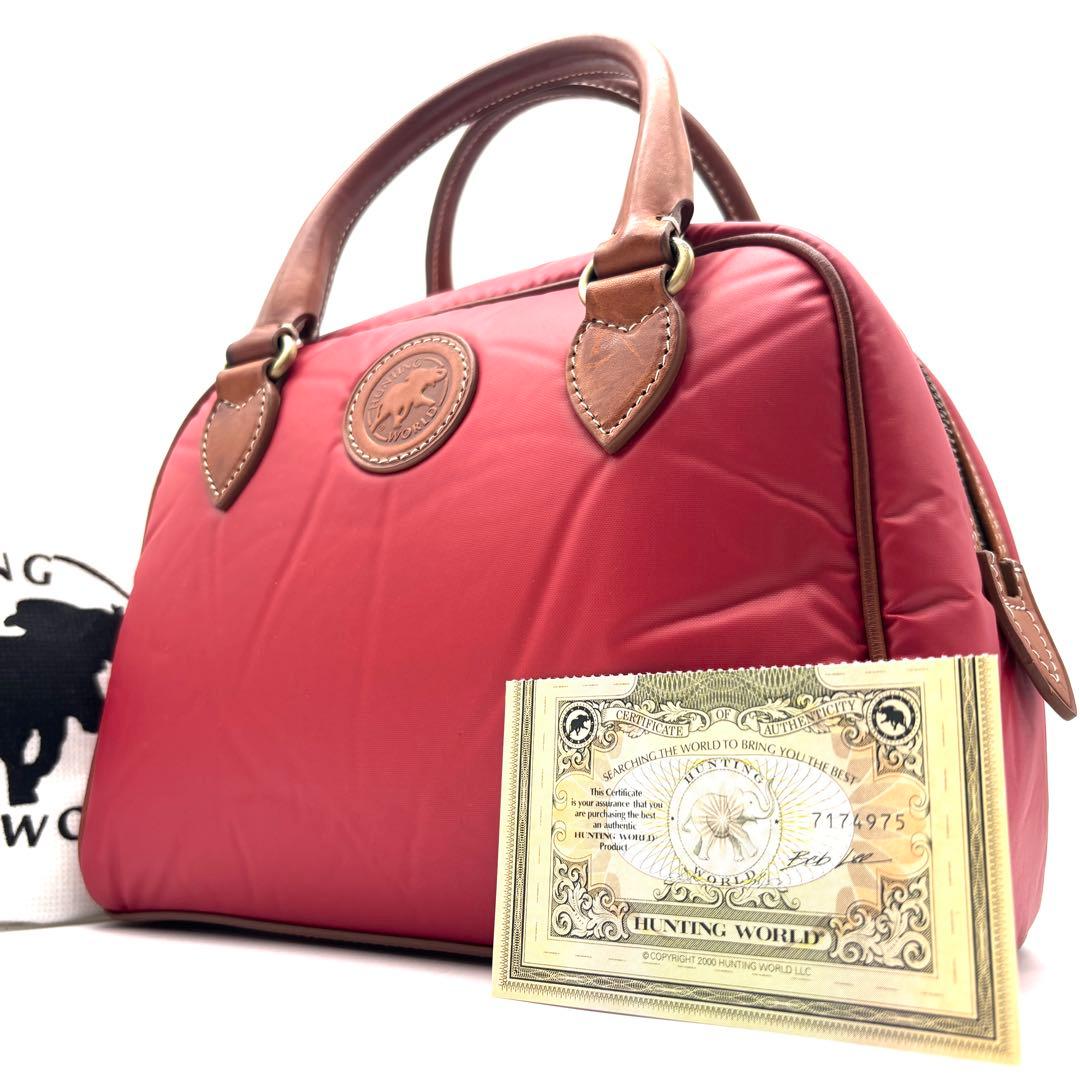 未使用に近い ハンティングワールド ハンドバッグ バチュークロス ロゴ レッド