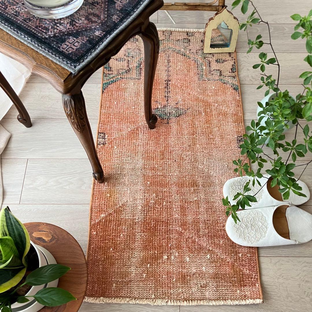 オレンジ✳︎95×46 グリーン　アート　シャンデリア　トルコヴィンテージラグ