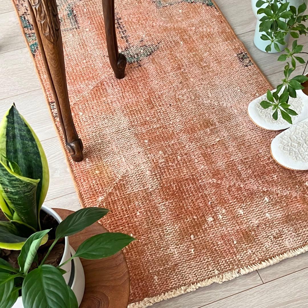 オレンジ✳︎95×46 グリーン　アート　シャンデリア　トルコヴィンテージラグ