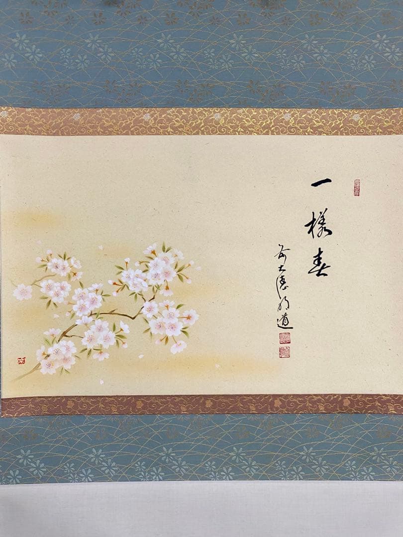 掛軸 茶掛 戸上明道【一様春】自筆 桜 画讃 玉瀧寺 大徳寺 住職 横物 軸装