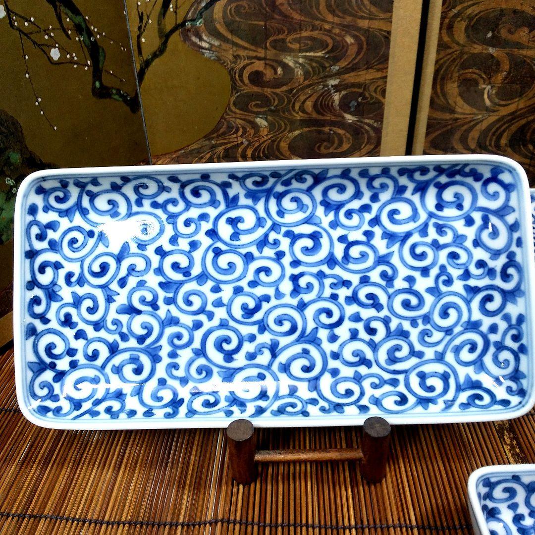 ほとんど未使用品 清水焼き 香仙作 唐草文 焼き物 刺身用 猪口付き 長皿揃い