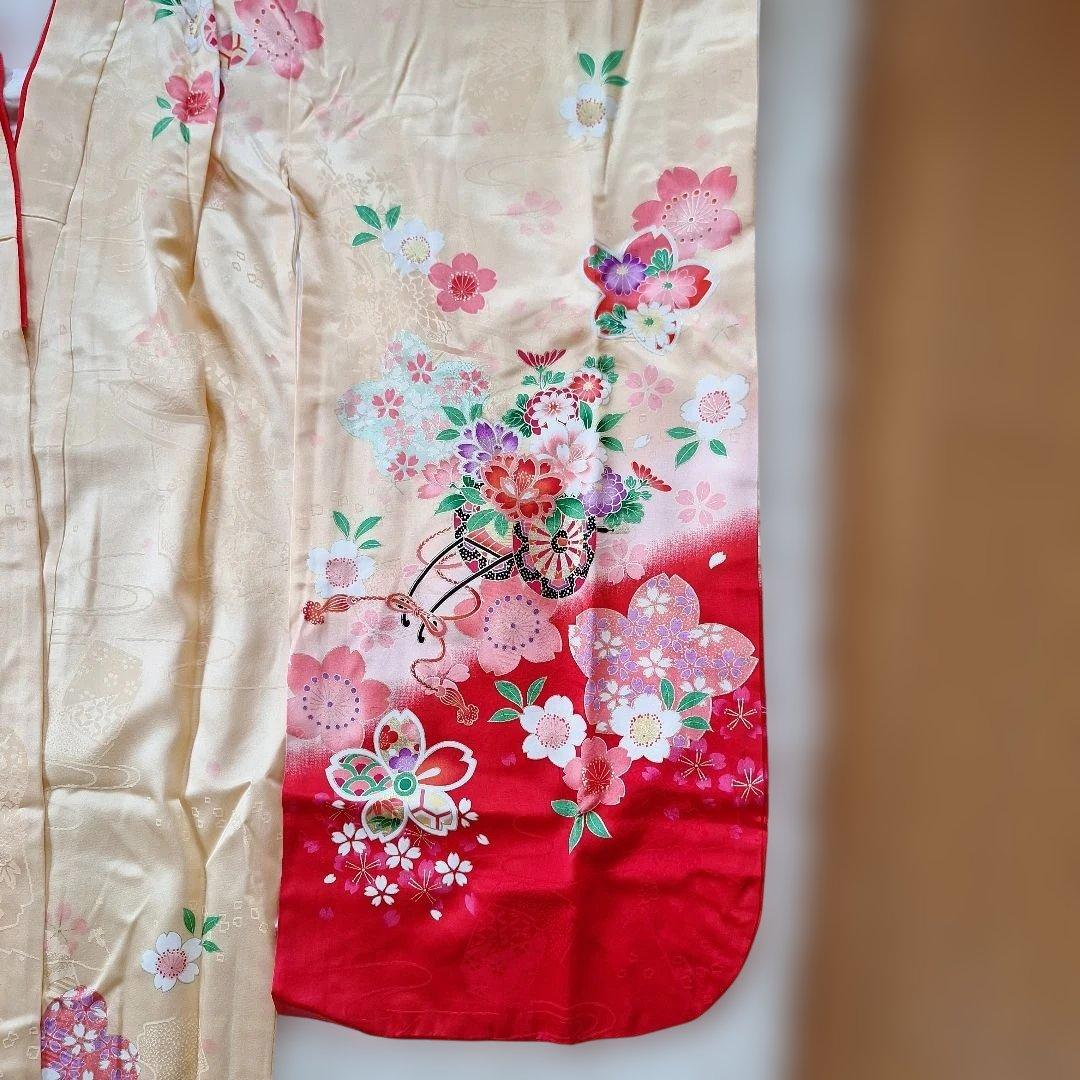 七五三　七歳用正絹着物と作り帯、小物セット中古品