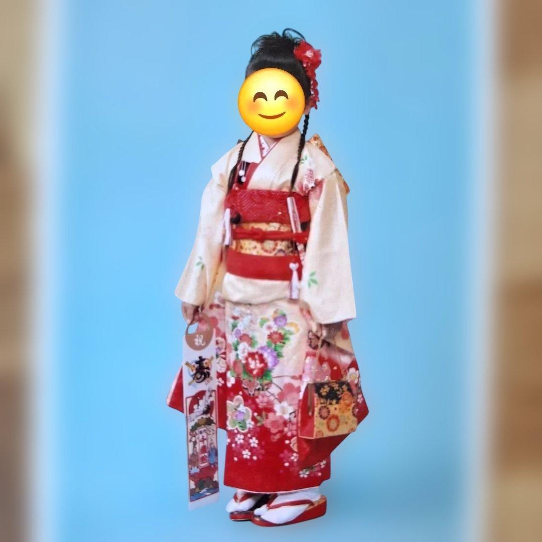 七五三　七歳用正絹着物と作り帯、小物セット中古品