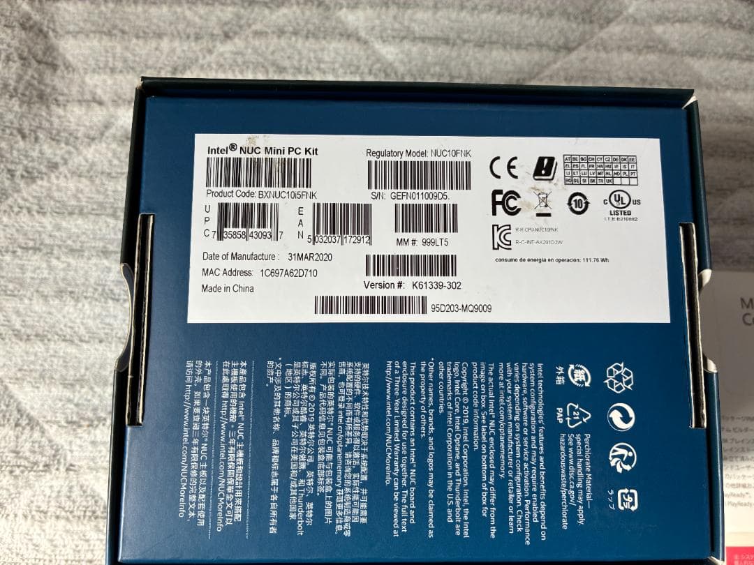 ミニPC Intel BXNUC10i5FNK 240GB/32GB Win11Pro