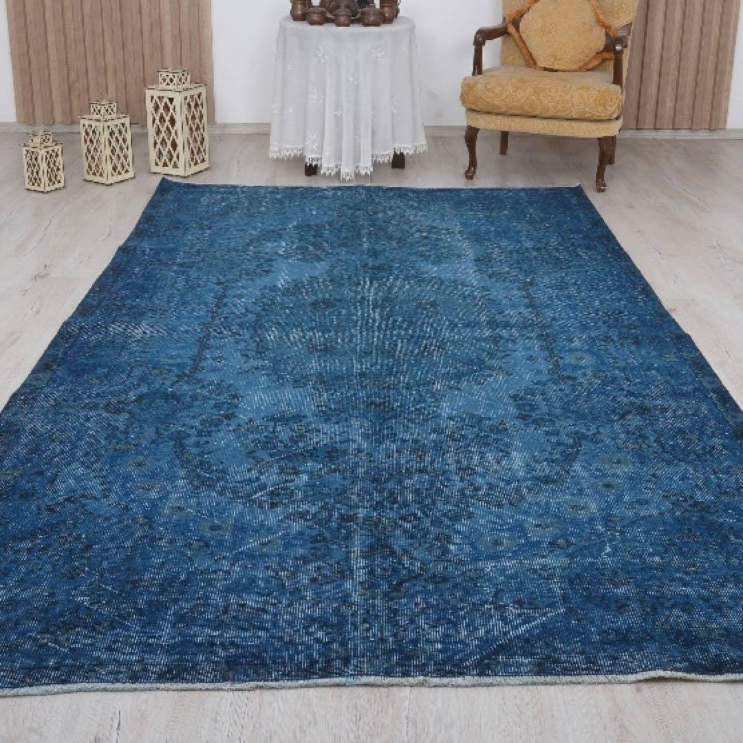 超大判くすみブルー　ヴィンテージラグ　トルコラグ　オーバーダイ