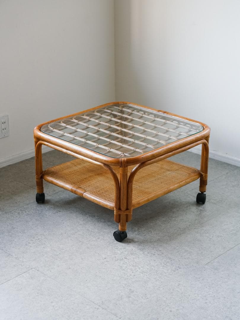 ジャパニーズモダン ガラステーブル 藤家具 /ラタン ヴィンテージ 昭和レトロ
