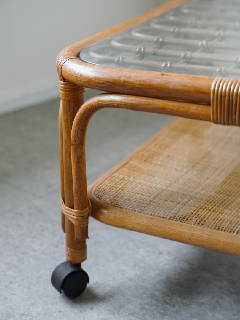 ジャパニーズモダン ガラステーブル 藤家具 /ラタン ヴィンテージ 昭和レトロ