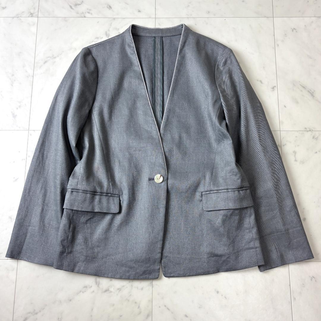 シップス S リネン混 ノーカラー パンツスーツ セットアップ 36 グレー
