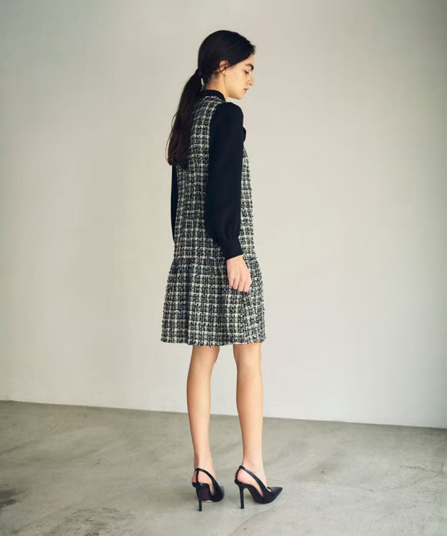 ツイードリボン付きノースリーブワンピース