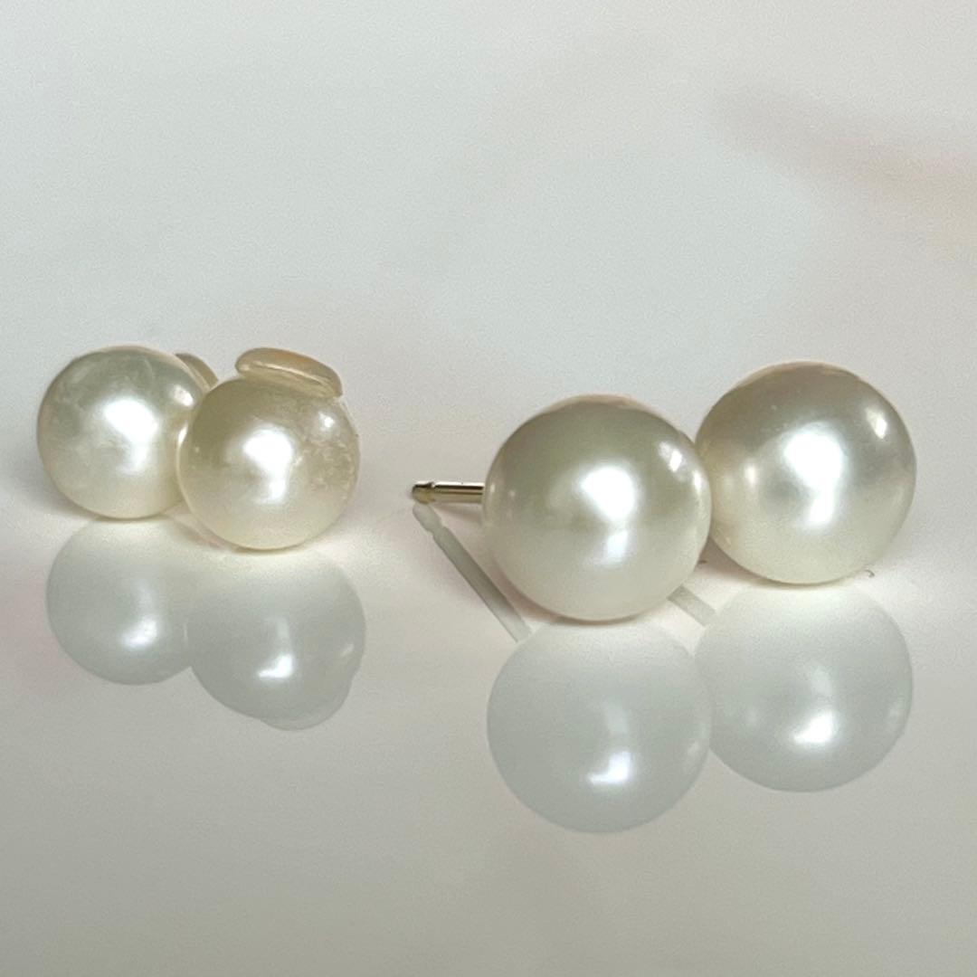 新品 K18 越物7.0mmアコヤパールと6mm淡水パールのダブルパールピアス
