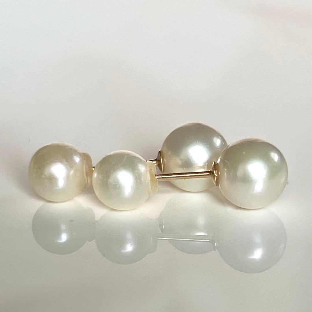新品 K18 越物7.0mmアコヤパールと6mm淡水パールのダブルパールピアス