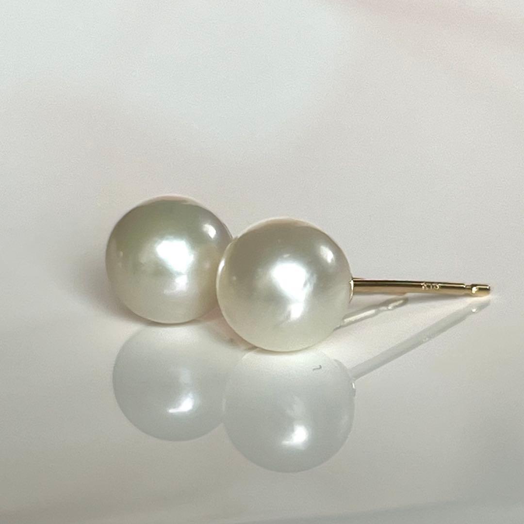 新品 K18 越物7.0mmアコヤパールと6mm淡水パールのダブルパールピアス