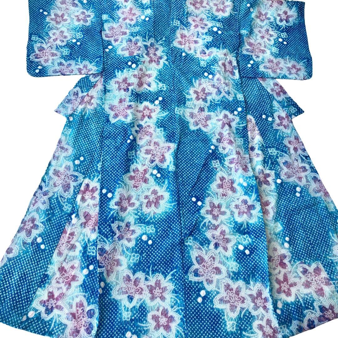 爽やかブルー　身丈153 有松絞り　絞り染め　絞り浴衣　総絞り　浴衣　NO6