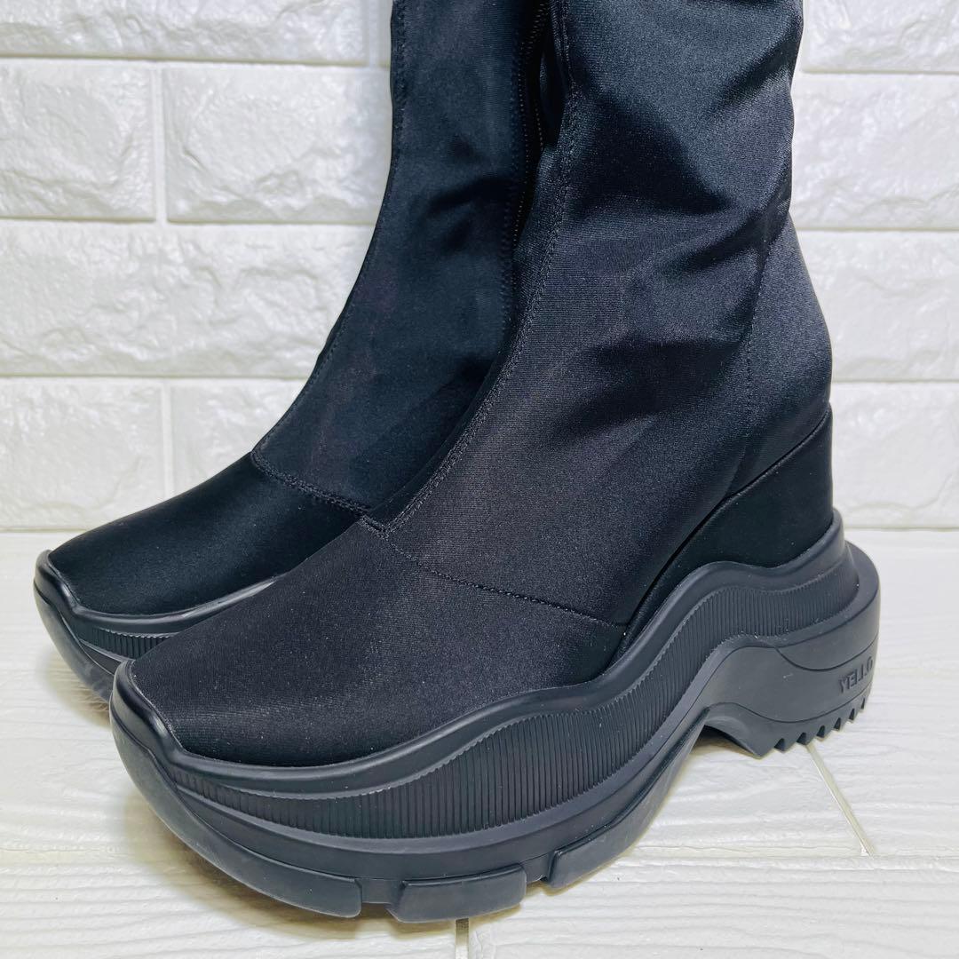 【極美品】YELLO 厚底ストレッチニーハイ ブーツS黒サイドジップ Y2K