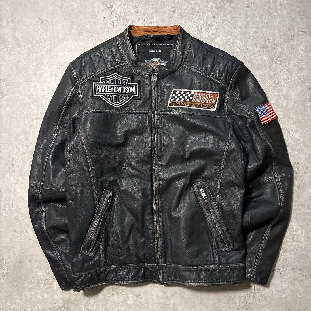 HARLEY-DAVIDSON シングルライダースジャケット L ワッペン 黒