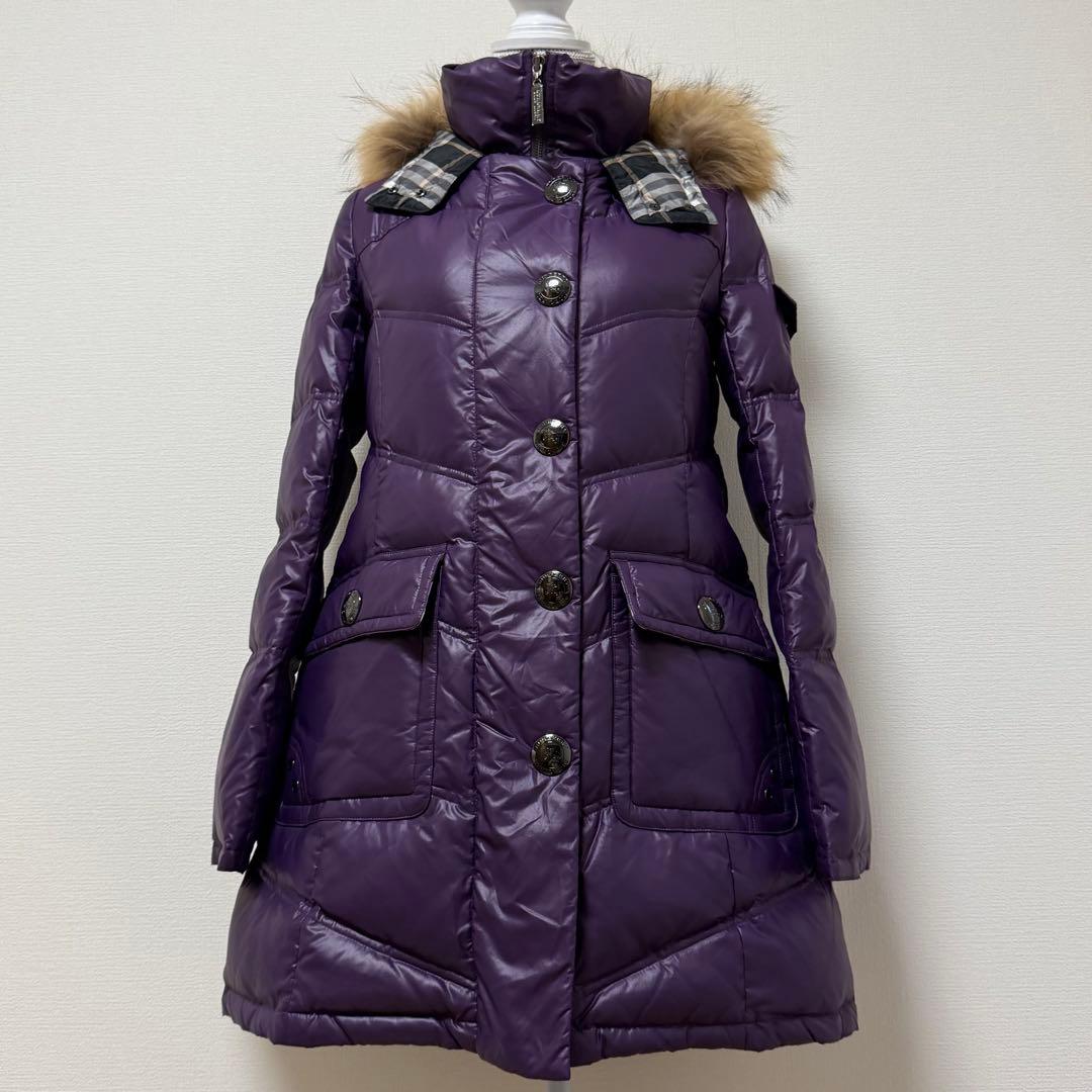 バーバリーブルーレーベル　ダウンコート　チェック　フード　ファー　パープル　L