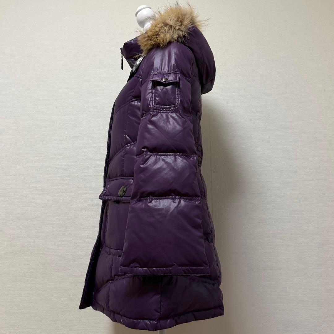 バーバリーブルーレーベル　ダウンコート　チェック　フード　ファー　パープル　L