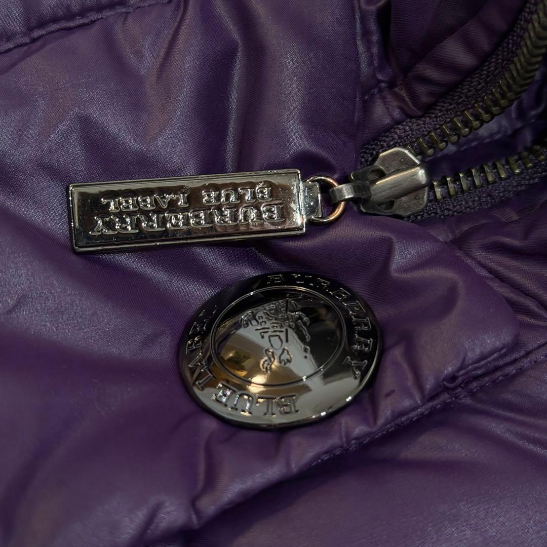 バーバリーブルーレーベル　ダウンコート　チェック　フード　ファー　パープル　L