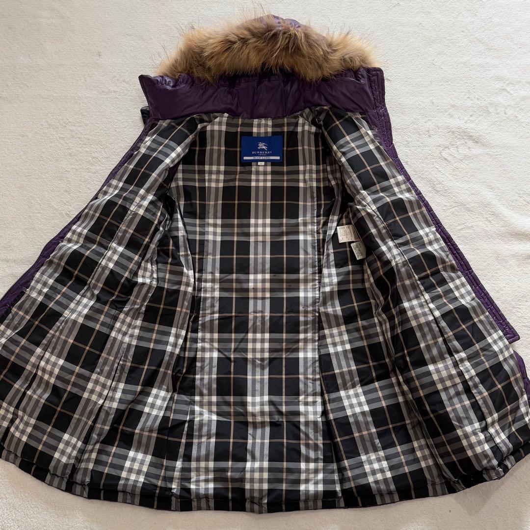 バーバリーブルーレーベル　ダウンコート　チェック　フード　ファー　パープル　L