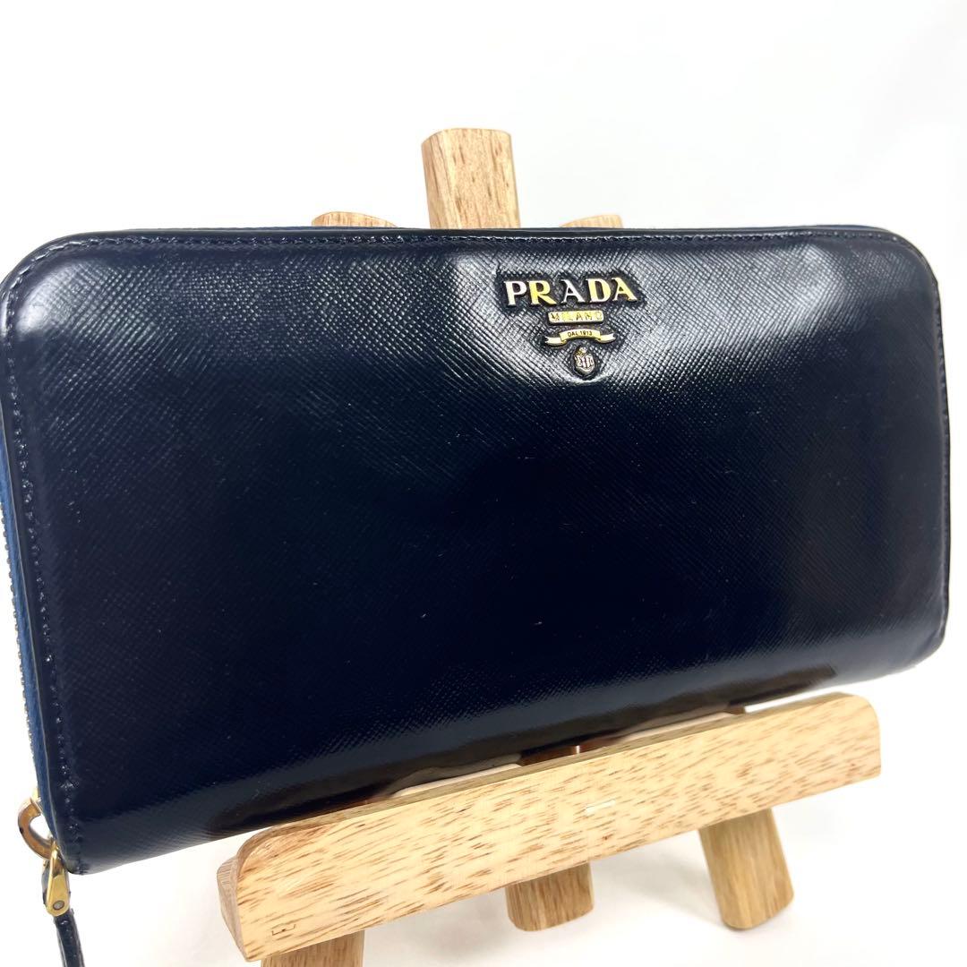 プラダ　長財布　ロゴプレート　サフィアーノ　ラウンドファスナー　バイカラー　美品