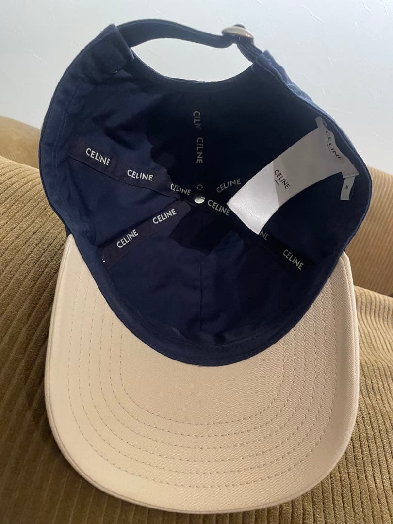 CELINE カレッジ ベースボールキャップ コットン ネイビー ベージュ M
