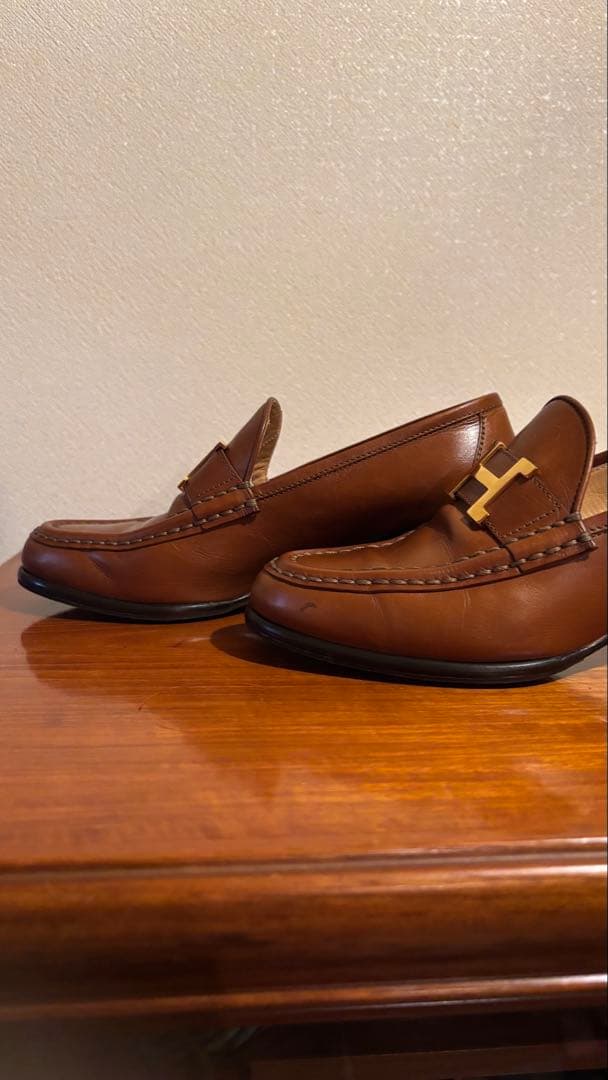 エルメス　ブラウンレザー ローファー ゴールドHロゴ