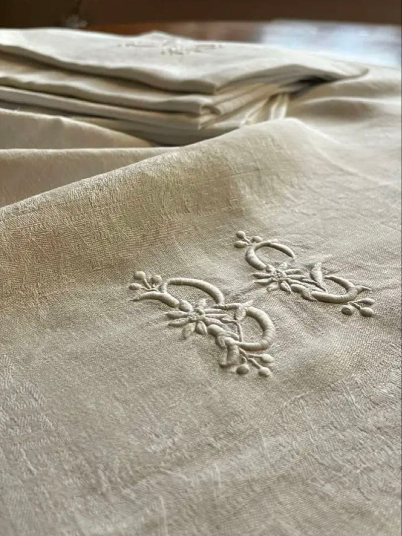 ◆フランスアンティーク｜イニシャル刺繍トーションセット、ダマスク織り白ナプキン