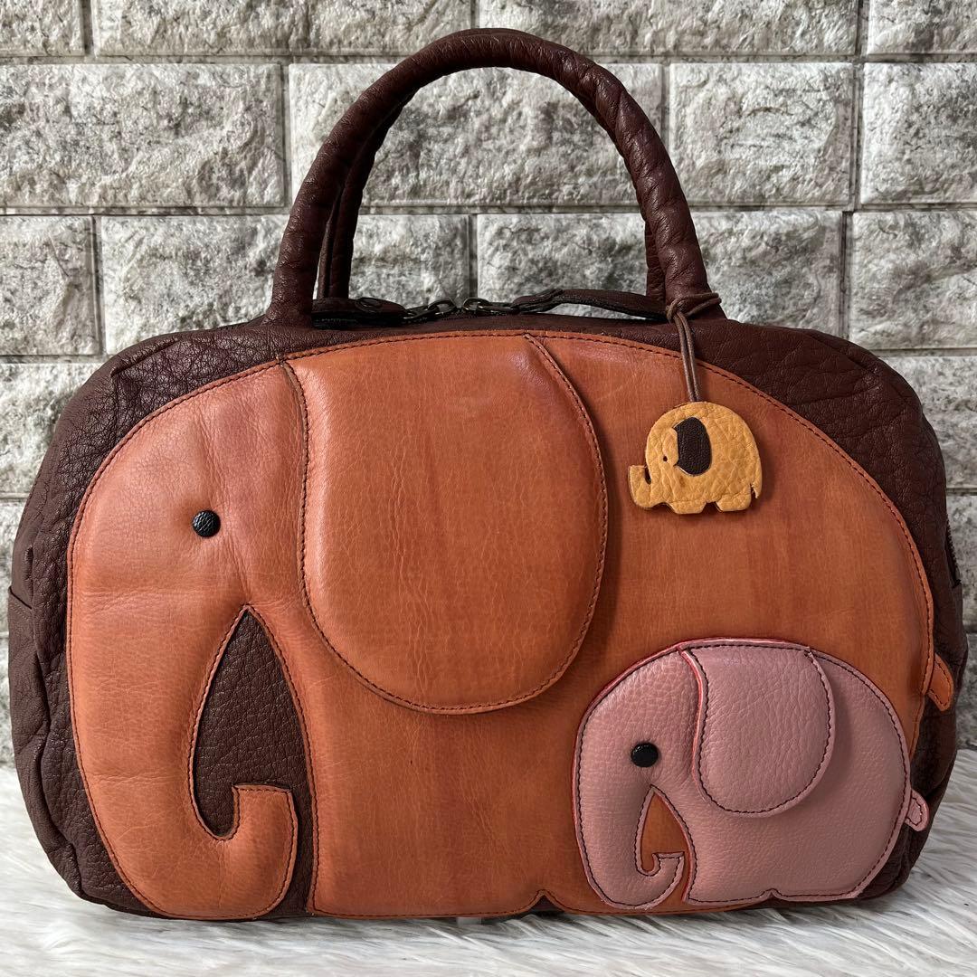 【極美品】イビサ　ぞう親子モチーフ　レザー　ボストンバッグ