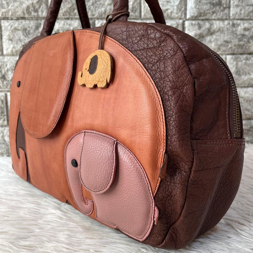 【極美品】イビサ　ぞう親子モチーフ　レザー　ボストンバッグ